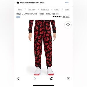 Boys Nike All Over Print Black and Red Fleece Joggers, XL, EUC